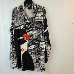 Azalea by Firmiana Womens Cowl Neck Tunic Top Black White Fashion Print 1X